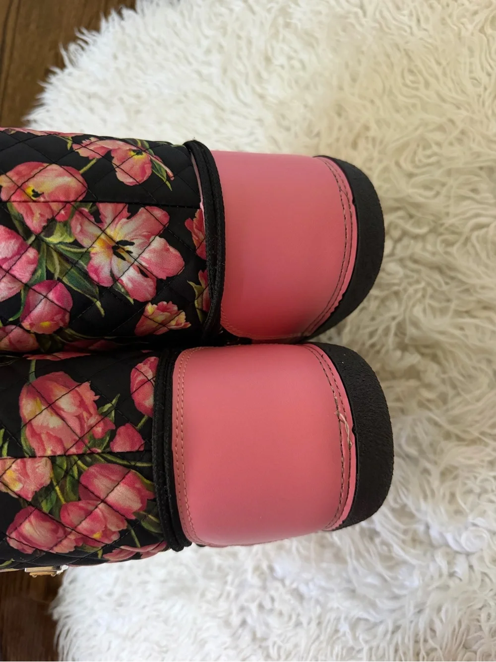 Dolce and Gabbana Pink Floral Quilted Winter Boots with Pom-Pom Accents